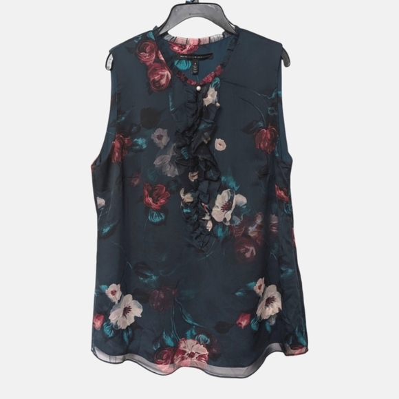 White House Black Market Bluish Green Ruffled Sleeveless Floral Blouse Size 8 - Picture 1 of 9